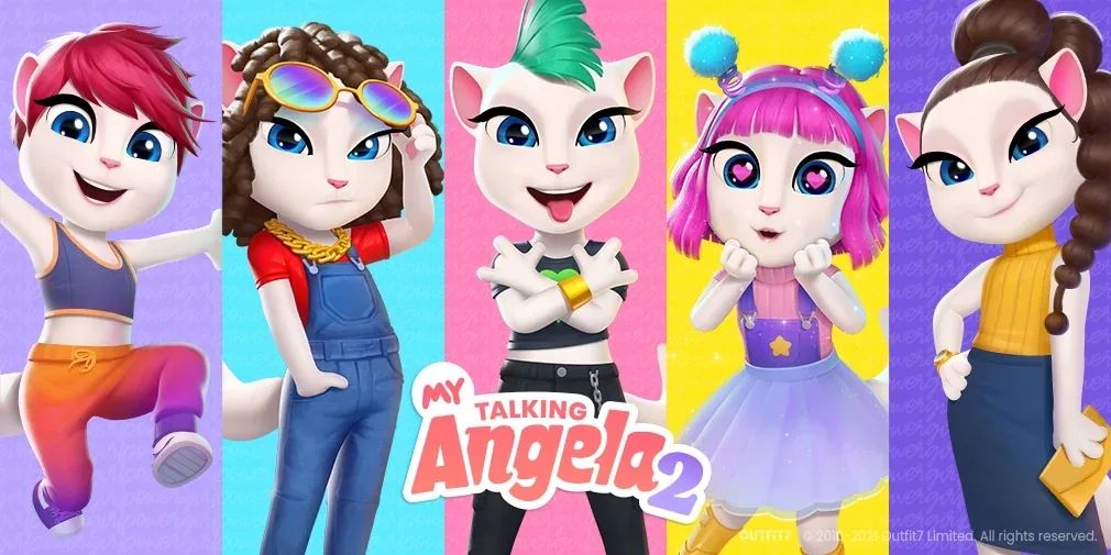 My Talking Angela 2 key art showing five costume variants of Angela the cat across a brightly coloured panel layout